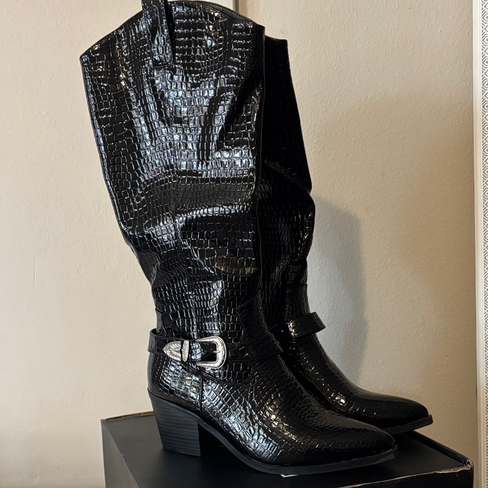 Fashion Nova Black Croc-Embossed Heeled Boots